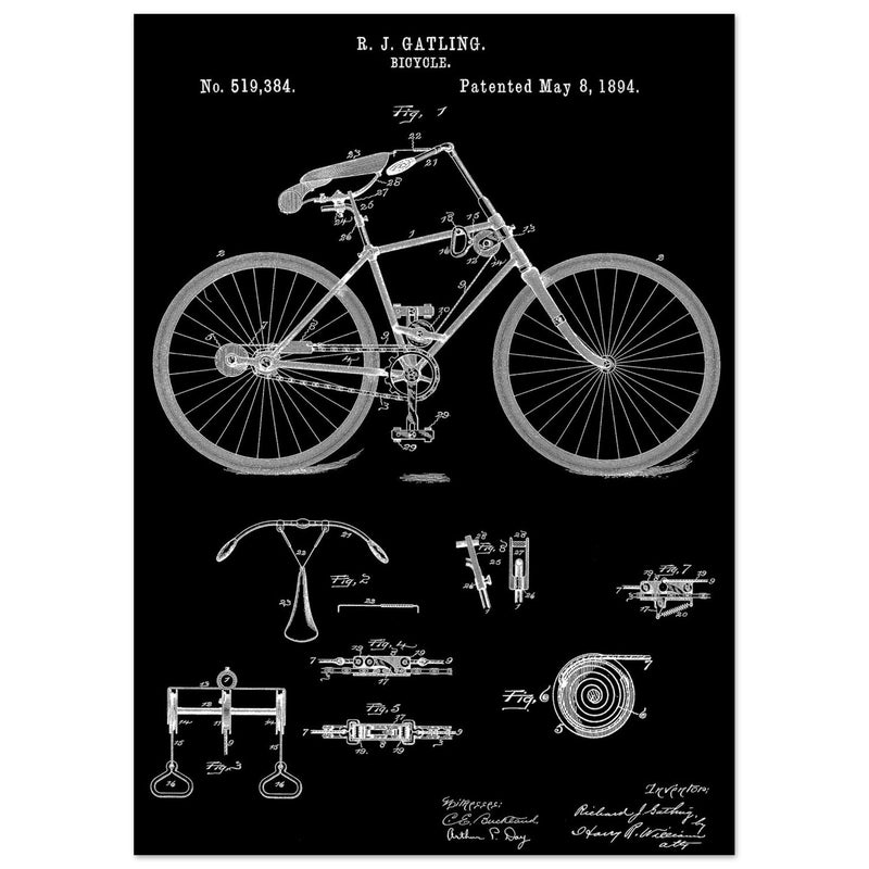 Vintage bicycle patent by Richard J Gatling 1894