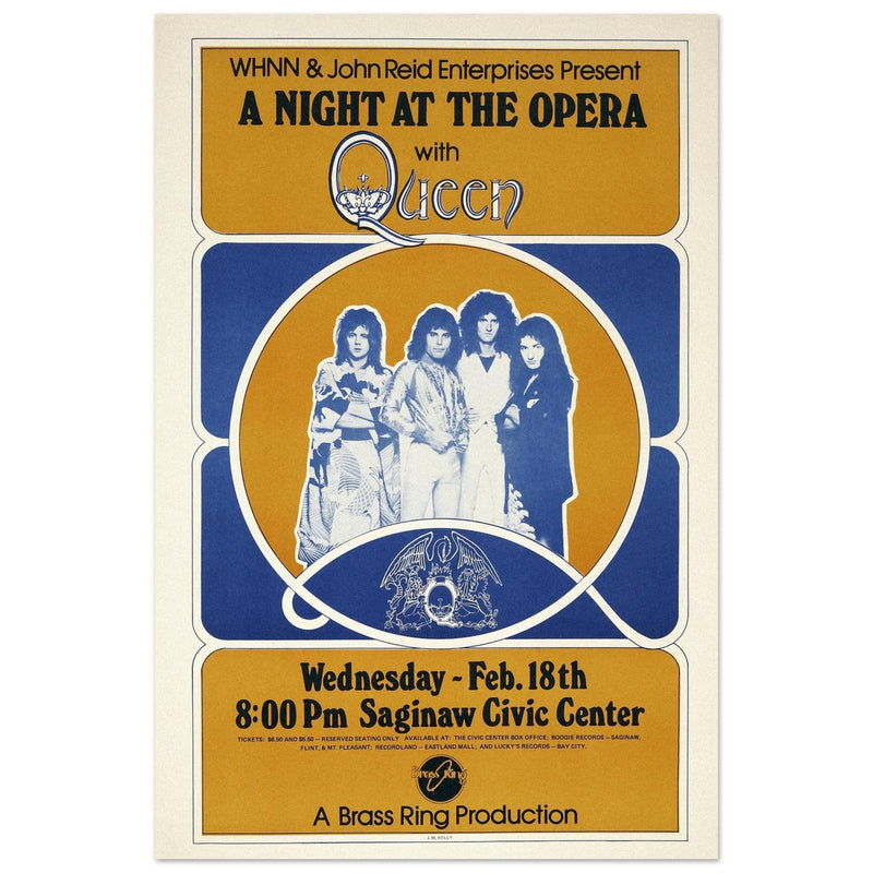 Queen a Night at the Opera concert poster. Performance at the Saginaw Civic Center in 1976.