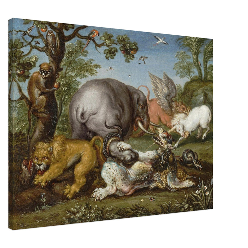 Battle of the beasts painting by Circle of Roelandt Savery  XVII Century.