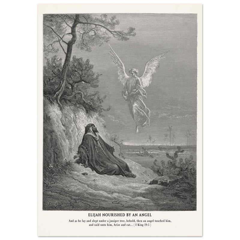 Gustave Dore The Bible engraving print . Elijah nourished by an angel illustration .