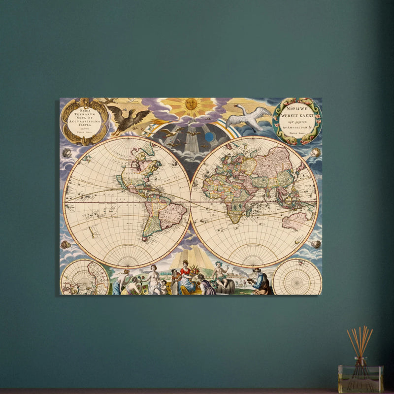 Beautiful antique world map reproduction of the XVII century Vintage illustrated map