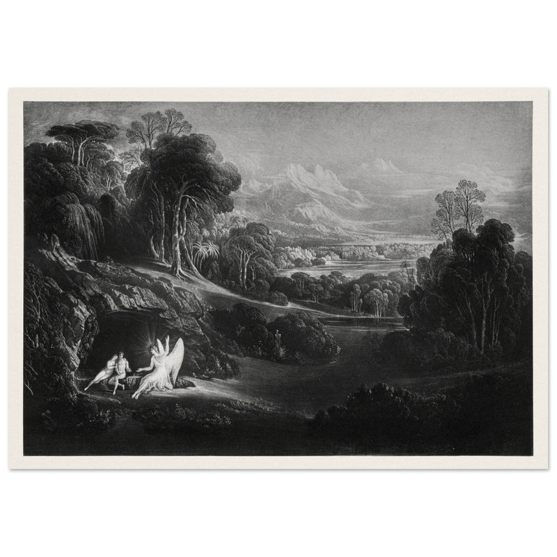 John Martin Paradise Lost vintage mezzoting engraving . Raphael Conversing with Adam and Eve .