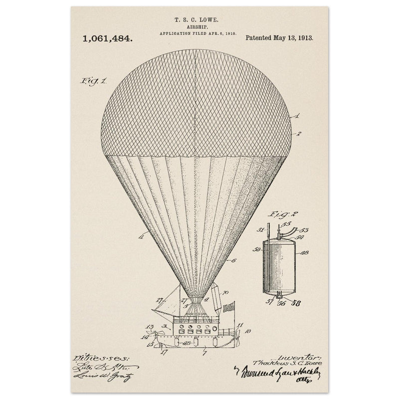 Airship patent drawing by T S C lowe Air balloon illustration