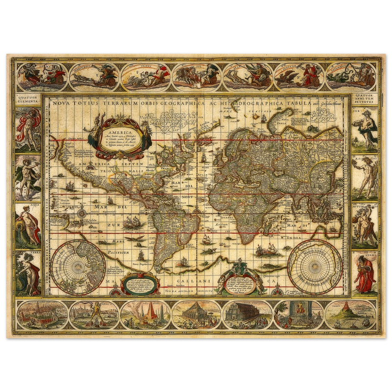 Ancient world map print by Willem Janszoon. Poster of antique vintage old map of 1647.