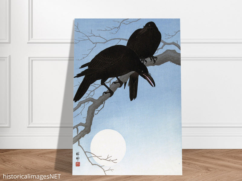 Two crows on a branch by Ohara Koson 1927 Woodblock print.