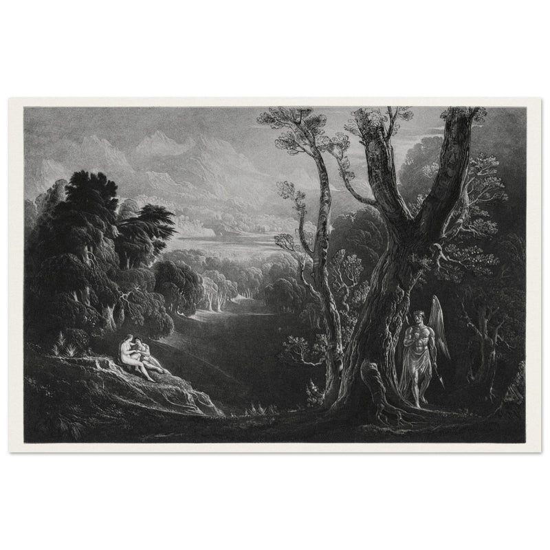 John Martin mezzotint engraving . Satan Contemplating Adam and Eve in Paradise. Paradise Lost by Milton.
