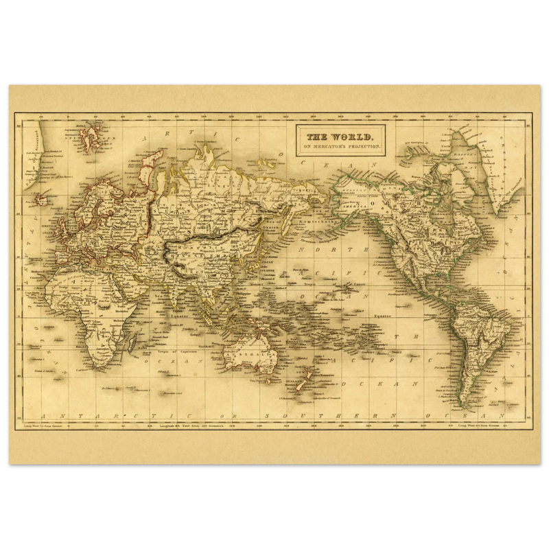 Ancient map of the world. The world on Mercator projection