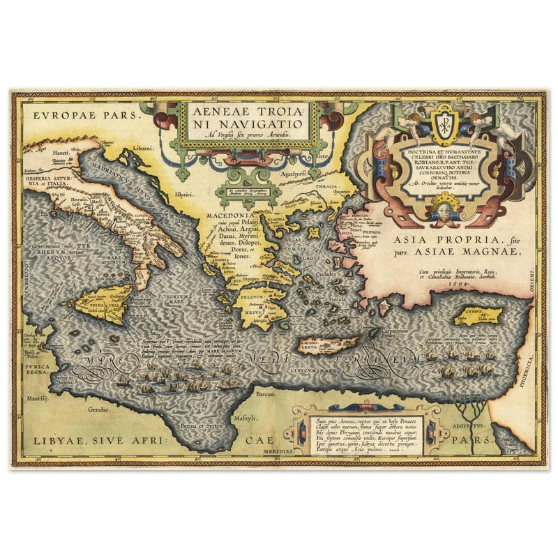 Ancient map of Europe and Asia tracing the sea route to Troy across the Mediterranean sea by Abraham Ortelius