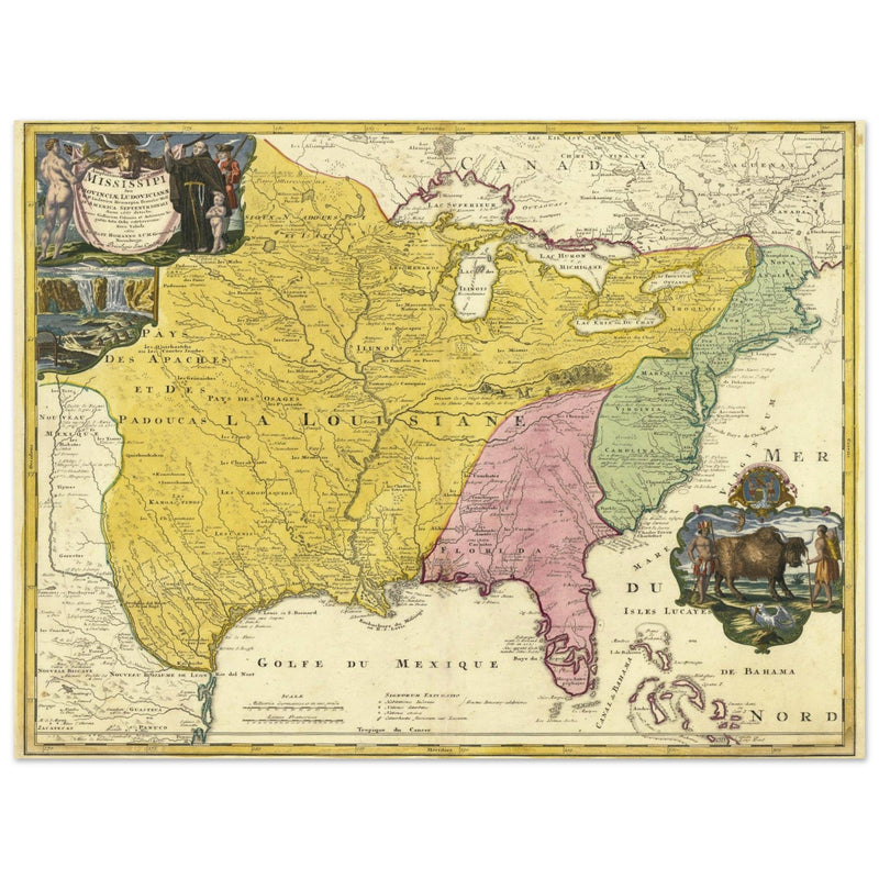 Ancient map of North America Louisiana french region 1687 by Johan Baptist Homann