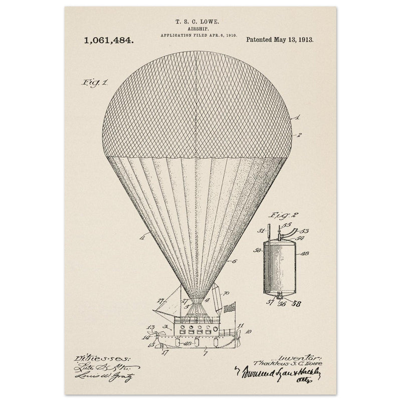 Airship patent drawing by T S C lowe Air balloon illustration