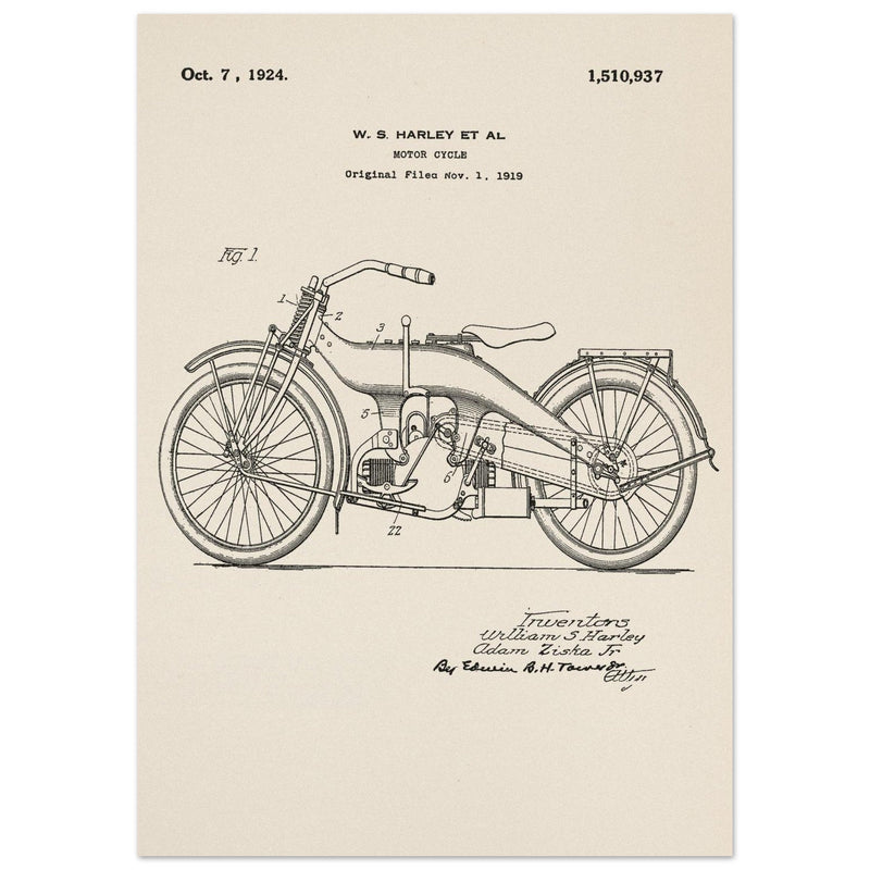 Vintage motorcycle patent by William S Harley founder of harley davidson.