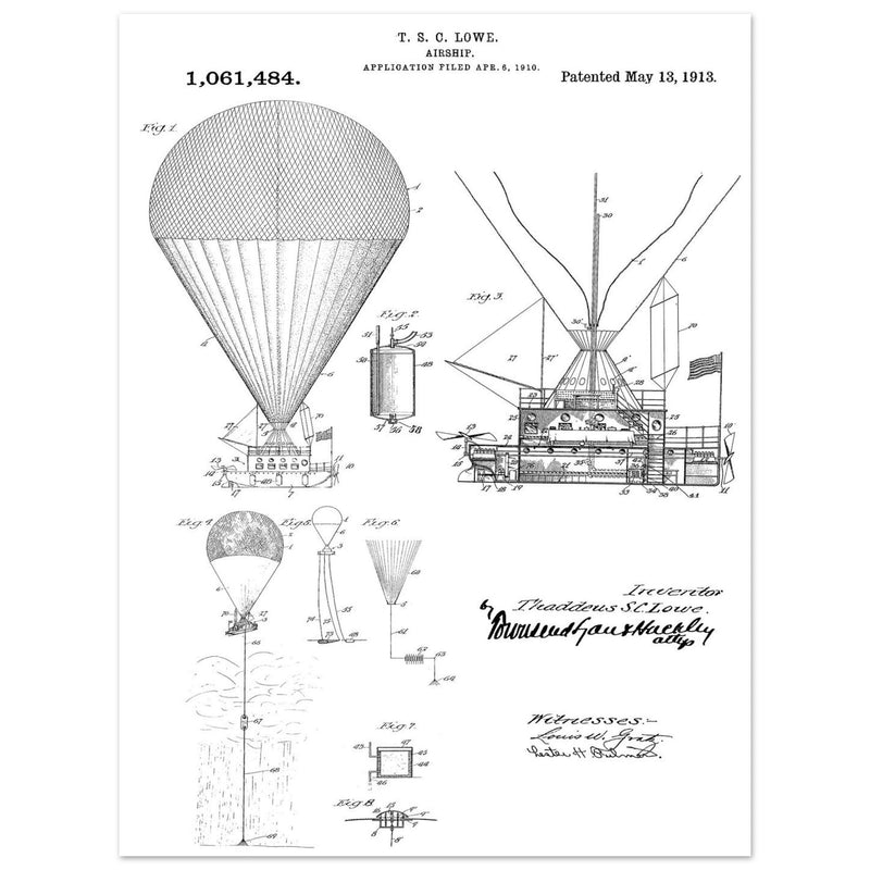 Airship patent illustration by T S C Lowe. Air Balloon