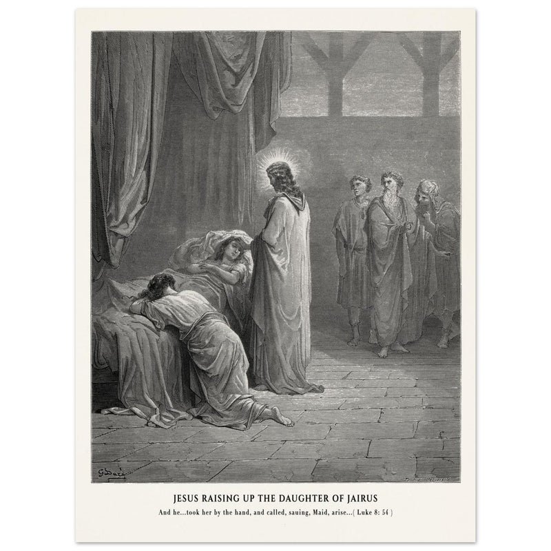 Gustave Dore The Bible engraving print . Jesus raising up the daughter of Jairus miracle .