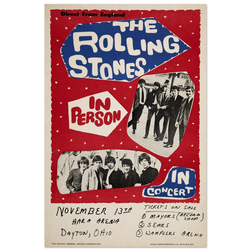 Rolling Stones music concert poster. Performance in Dayton Ohio USA 1964 .