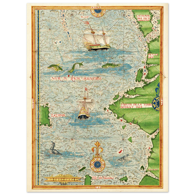 Ancient illustrated beautiful map poster reproduction by Guillaume Le Testu 1555