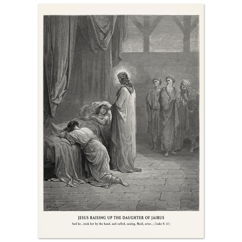 Gustave Dore The Bible engraving print . Jesus raising up the daughter of Jairus miracle .
