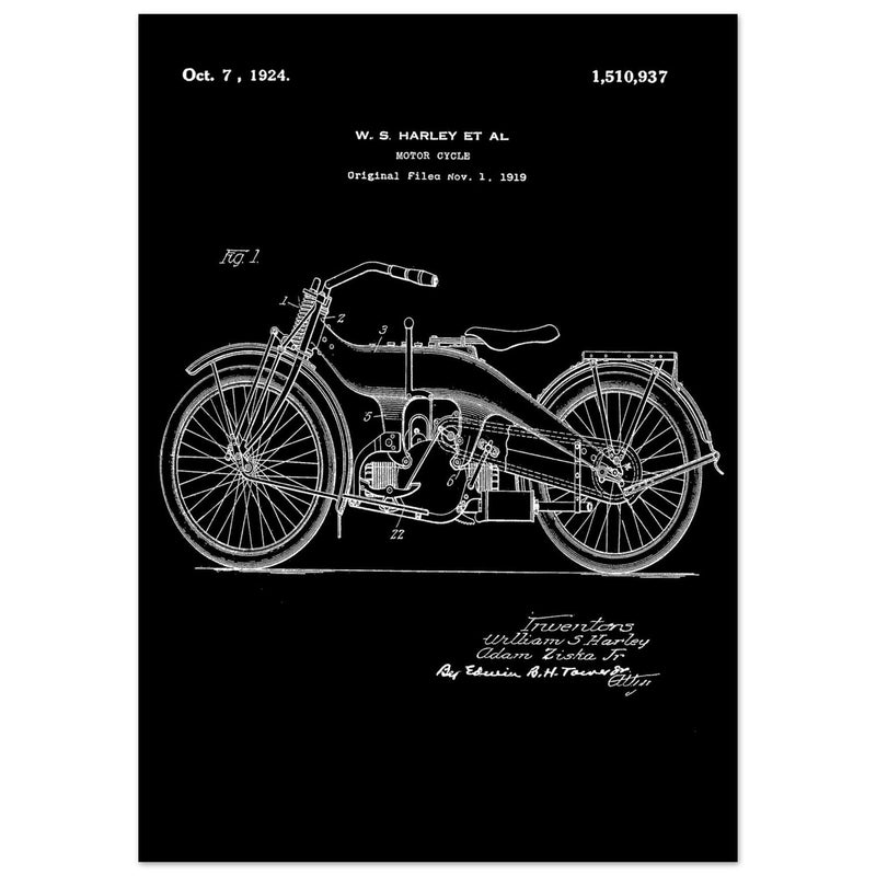 Vintage motorcycle patent by William S Harley founder of harley davidson.