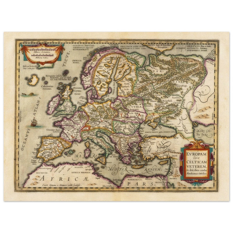 Ancient map of Europe and the Celts. Europam sive Celticam veterem by Abraham Ortelius.