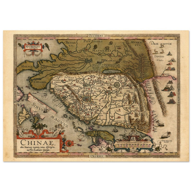 Ancient map of China by cartographer Abraham Ortelius 1584. Vintage historic map.