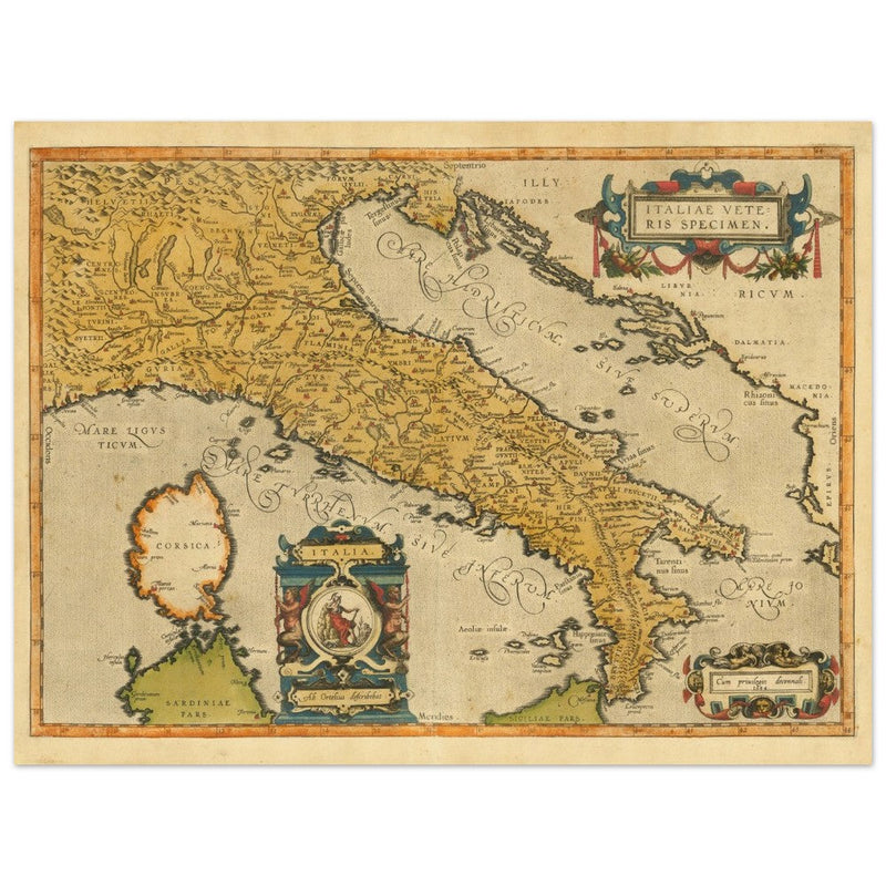Ancient map of Italy by Abraham Ortelius. Vintage historic map.