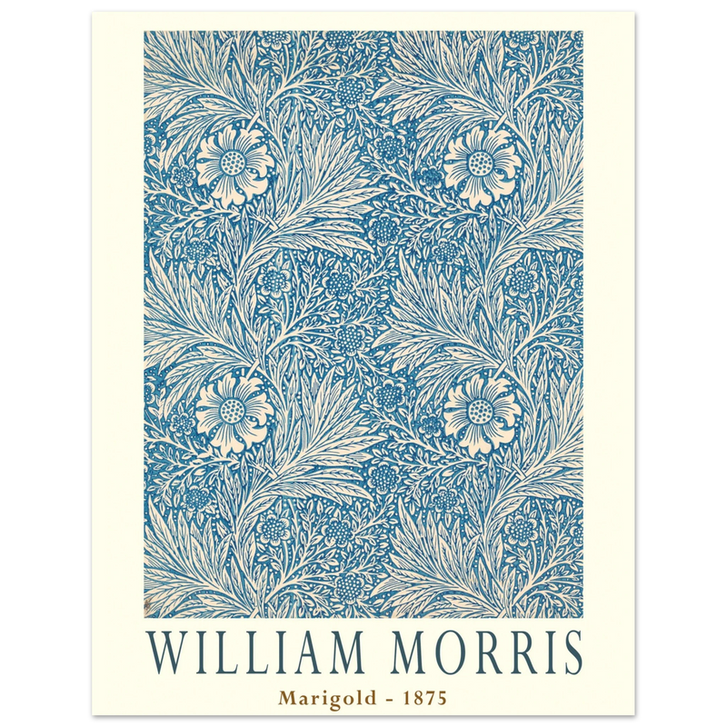 William Morris Marigold art print. Vintage wallpaper reproduction. Blue floral pattern.