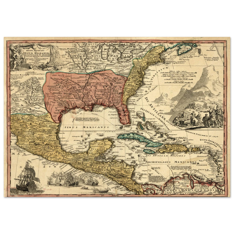 Ancient map of North America. Regni Mexicani seu Novae Hispaniae, Ludovicianae, N. Angliae, Carolinae, Virginae et Pennsylvaniae by Johann Baptist Homann