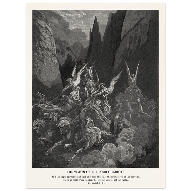 Gustave Dore The Bible engraving print . The Vision of the four chariots illustration .