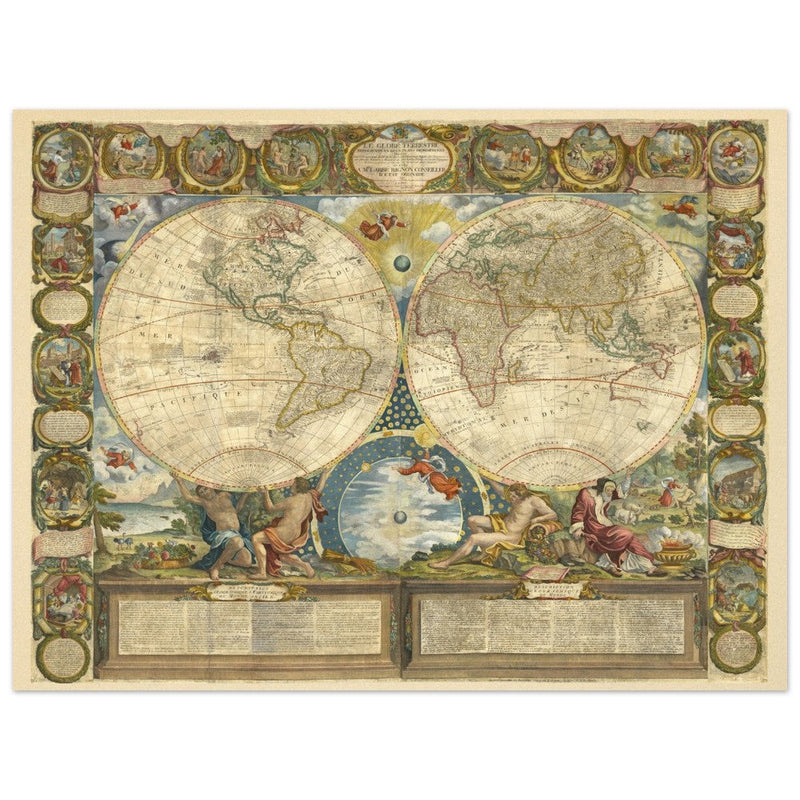 Beautiful illustrated world map of the XVIII Century. Vintage historic double hemisphere map.