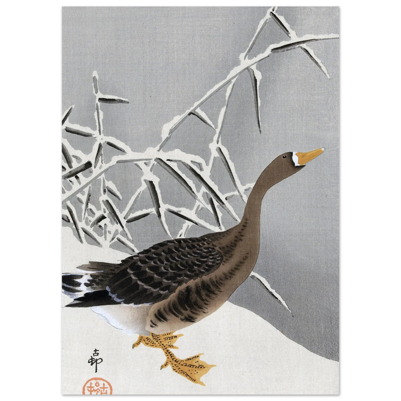 White-fronted goose in the snow by Ohara Koson