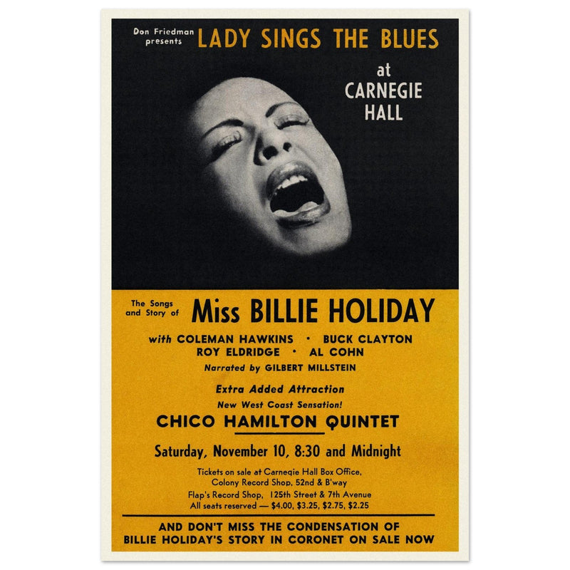 Billie Holiday music poster of her concert at Carnegie Hall in 1956.