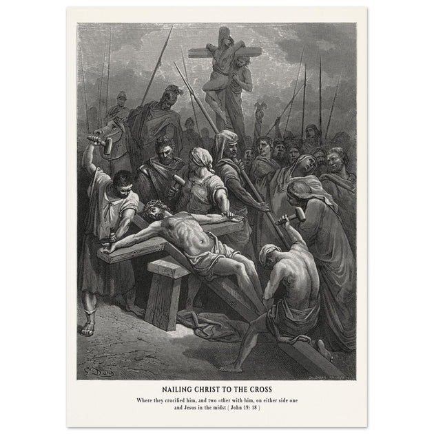 Gustave Dore The Bible engraving print . Nailing Christ to the cross illustration .