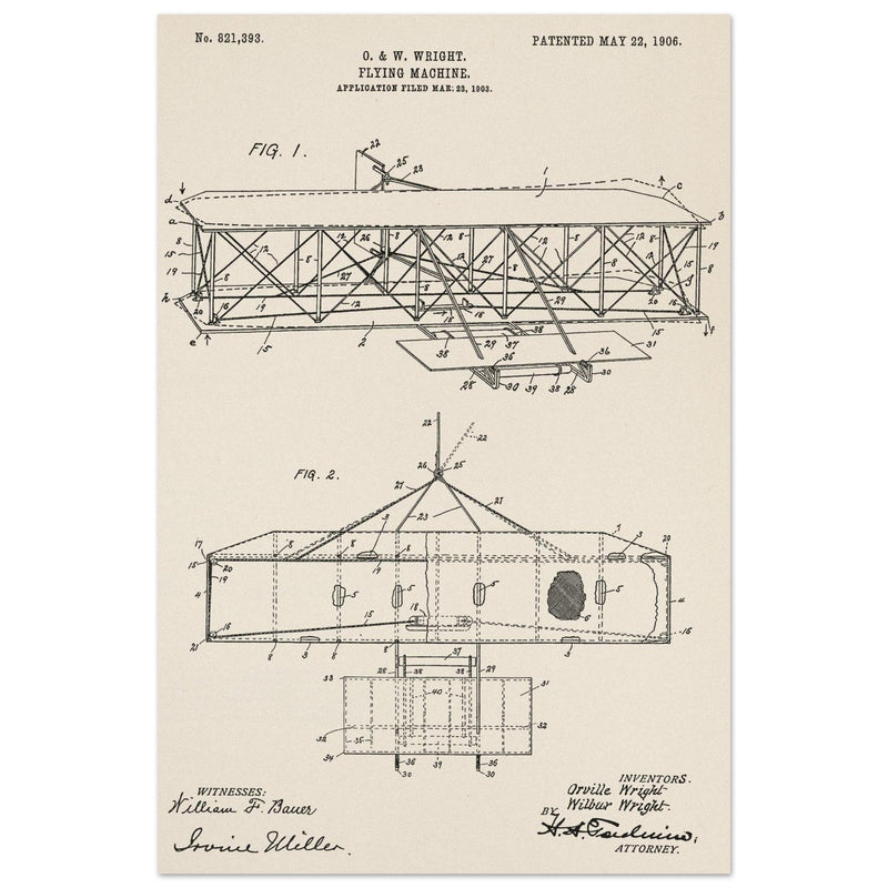 Flying machine patent 1906 by the Wright brothers. Vintage airplane.