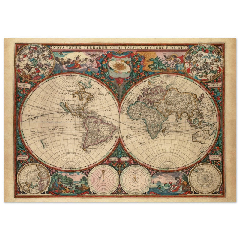 1660 Ancient old world map. Double hemisphere antique map reproduction.