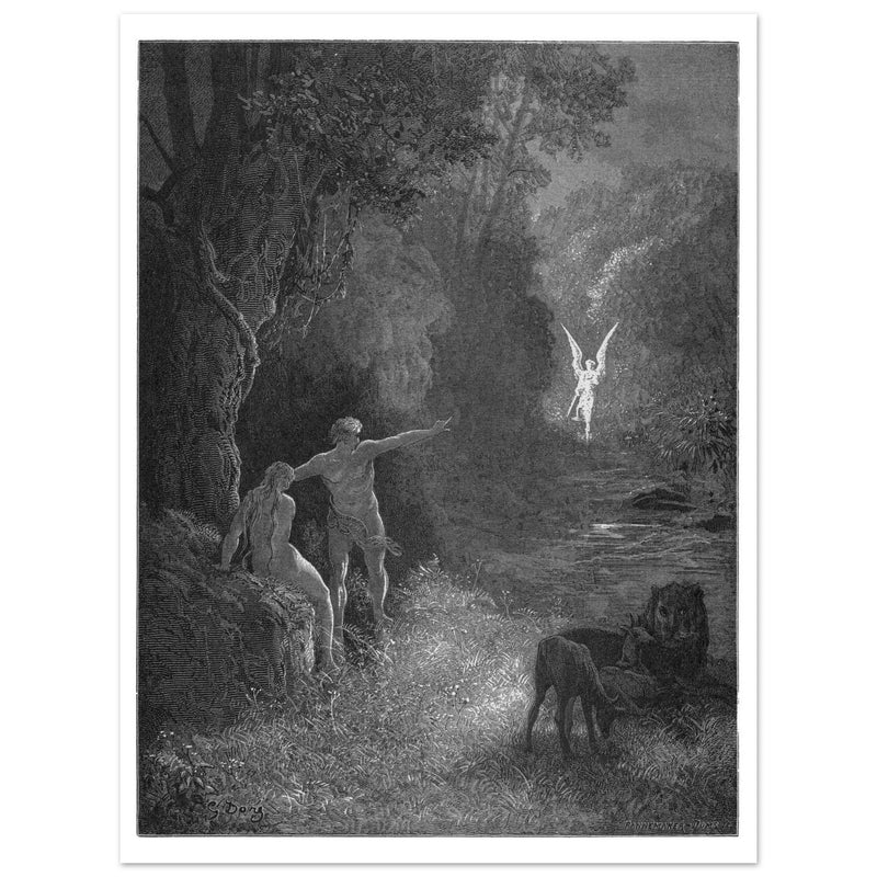Gustave Dore Paradise Lost engraving . Adam and Eve and Archangel Raphael in eden.