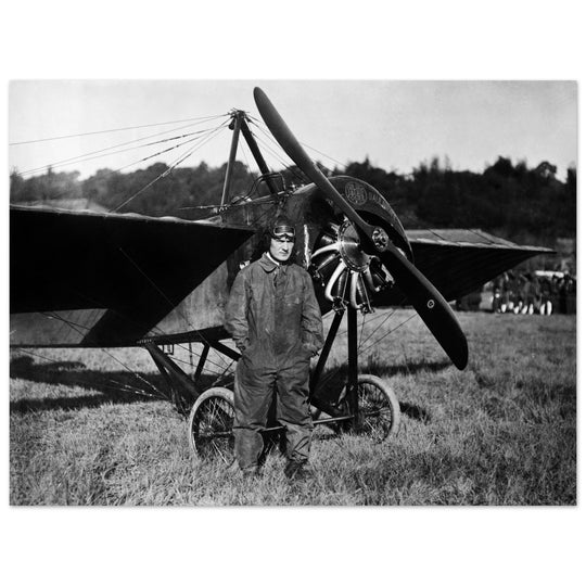 American aviator Frank Champion with vintage airplane 1915