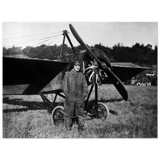American aviator Frank Champion with vintage airplane 1915