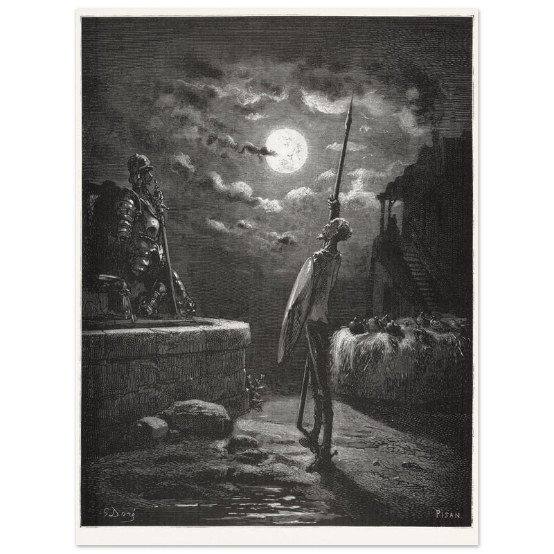 Don Quixote by Gustave Dore. The knight raising his sword against the moon at night.