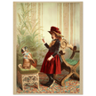 Young girl holding up piece of food in front of begging dog vintage illustration poster 1890