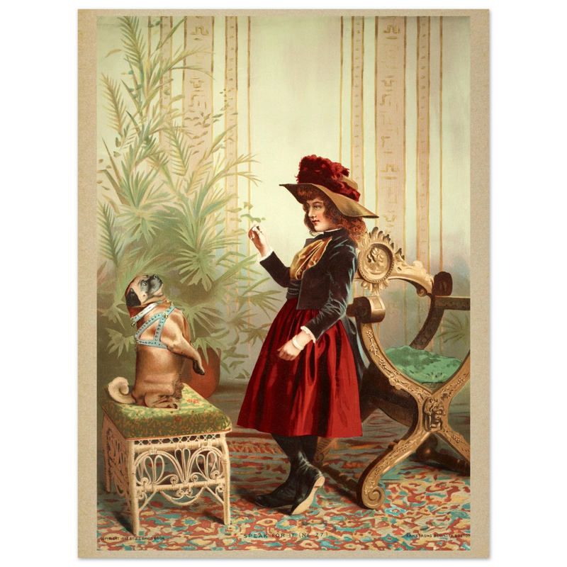 Young girl holding up piece of food in front of begging dog vintage illustration poster 1890