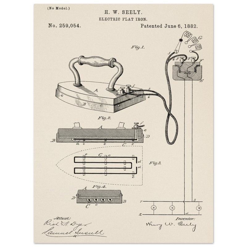 Electric Flat Iron patent by Henry W. Seeley Patent 259.054
