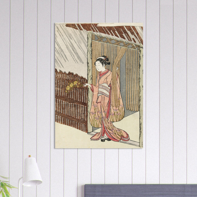Girl with a yamabuki branch in hands by Suzuki Harunobu XVIII Century Woodblock print reproduction,