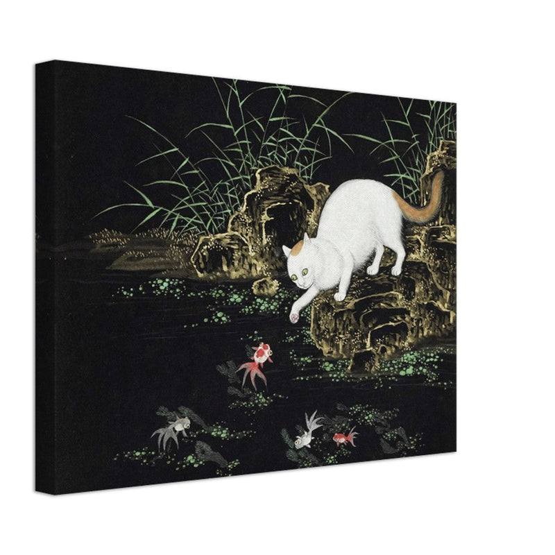 Cats amd fishes in pond. Oriental old painting by Shen Zhenlin.