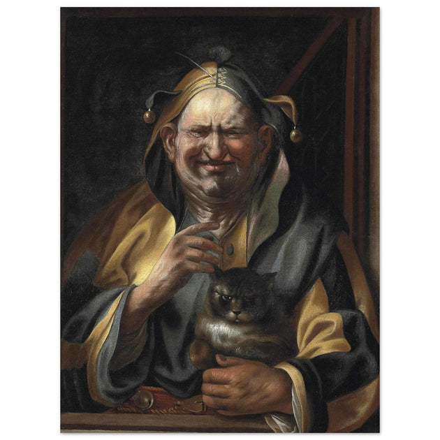 A jester with a cat antique painting reproduction by Studio of Jacob Jordaens.