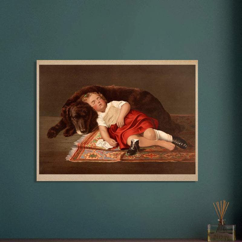Young girl sleeping with her dog vintage poster reproduction 1871