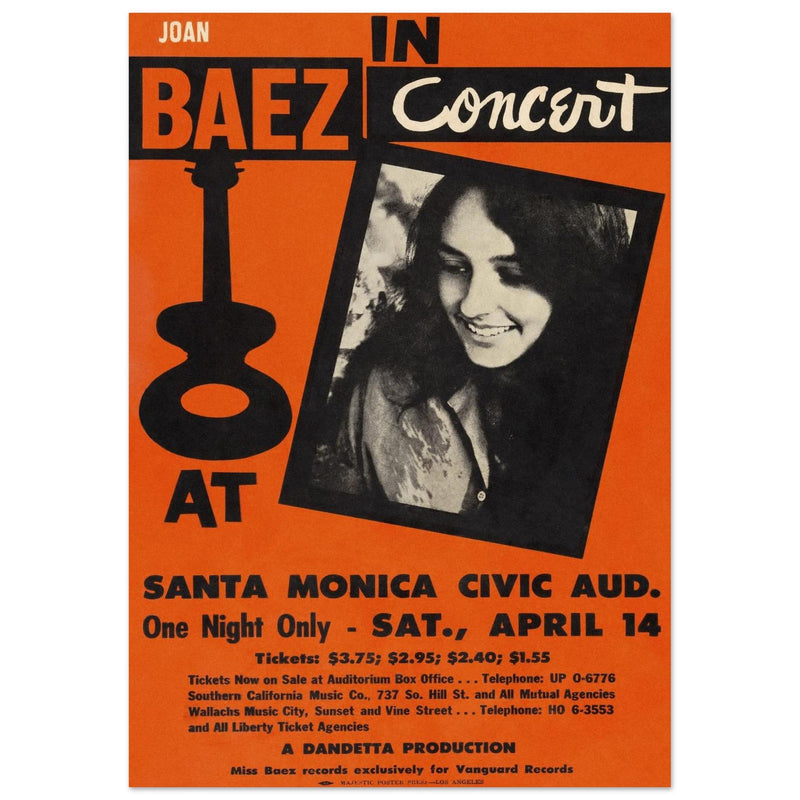 Joan Baez in concert vintage poster . Santa Monica Civic Auditorium in california 1962