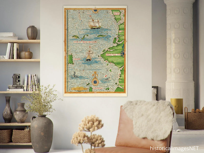 Ancient illustrated beautiful map poster reproduction by Guillaume Le Testu 1555