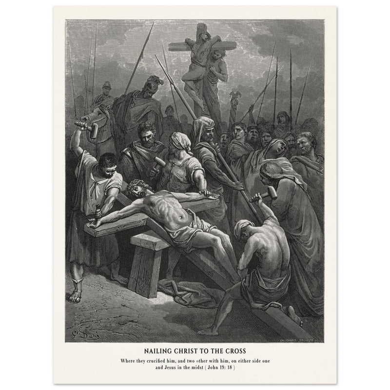 Gustave Dore The Bible engraving print . Nailing Christ to the cross illustration .
