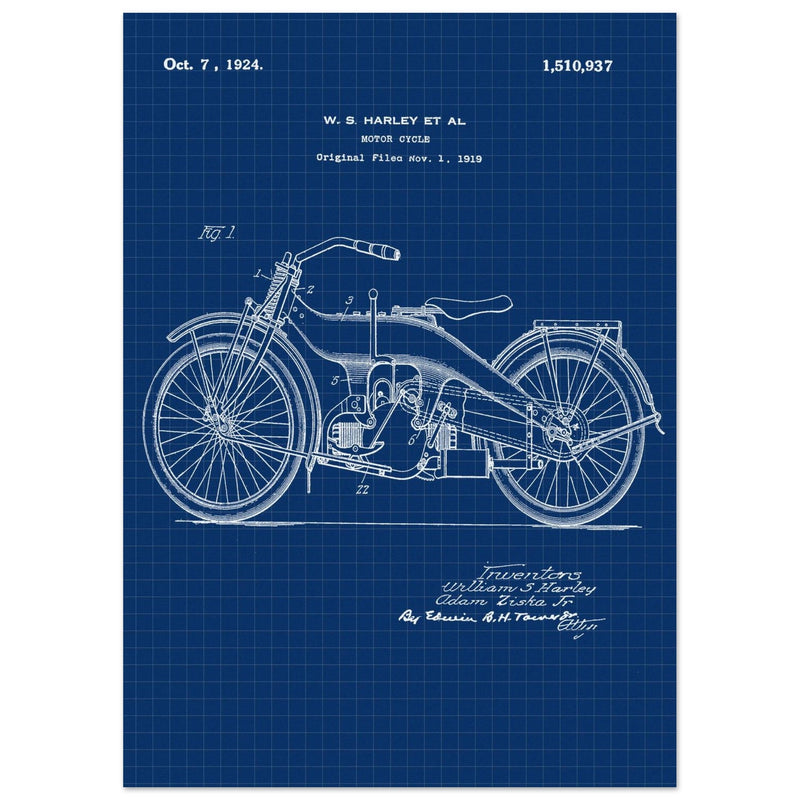 Vintage motorcycle patent by William S Harley founder of harley davidson.