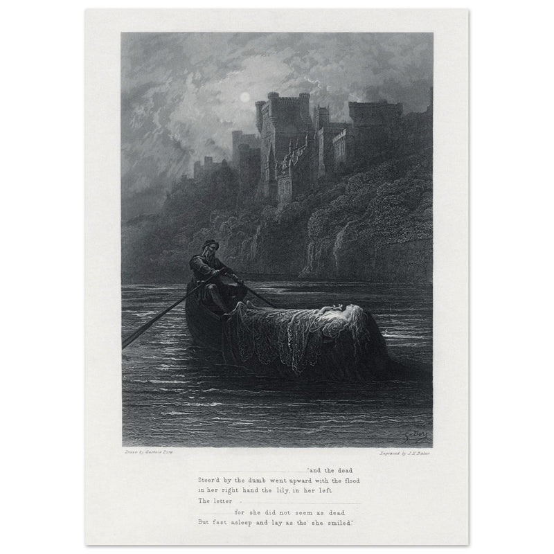 Gustave Dore illustration .The Body of Elaine on its way to King Arthur's Palace. Idylls of the King by Alfred Tennyson.