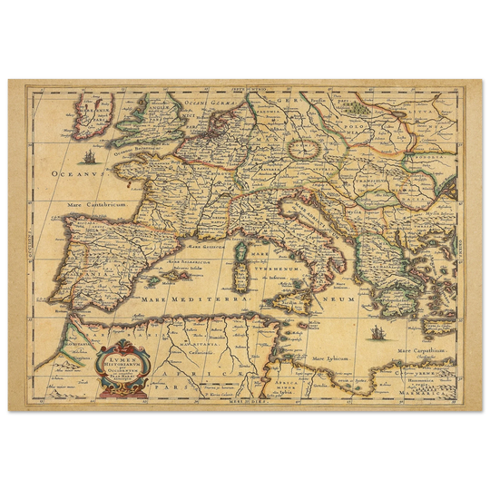 Ancient Europe map print from 1650. Lumen Historiarum per Occidentem by Petrus Kaerius